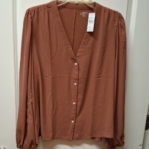 LOFT Rust Brown V-Neck Button Front Women's Blouse Size L